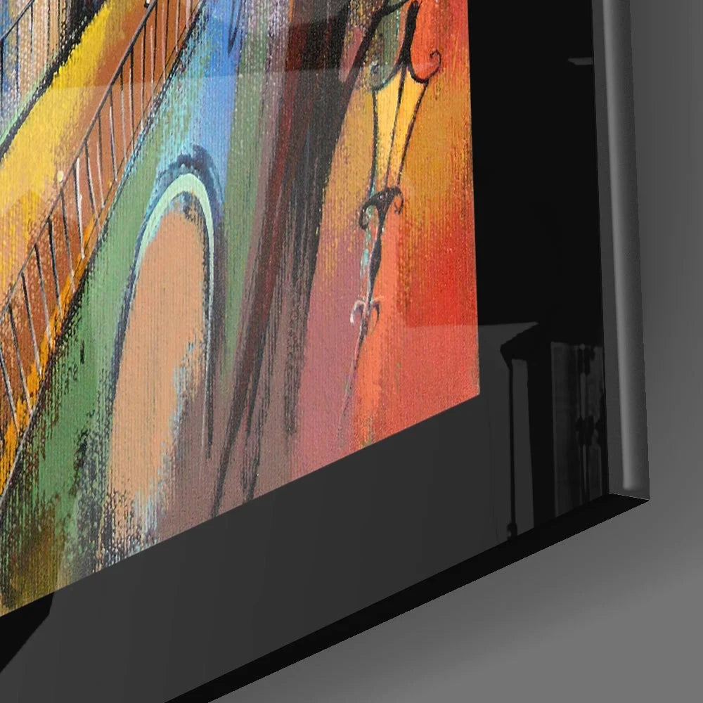 Vibrant abstract cityscape glass wall art in bold yellow, green, orange, red