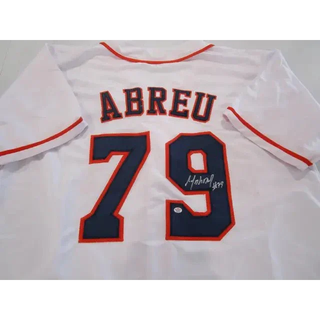 White Houston Astros signed autographed baseball jersey with red trim and dark blue numbers