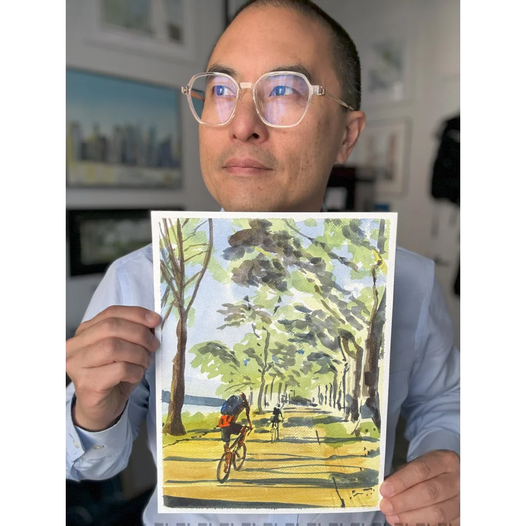 Watercolor original painting of Hudson River cyclists for bike lovers