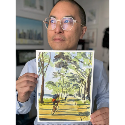 Watercolor original painting of Hudson River cyclists for bike lovers