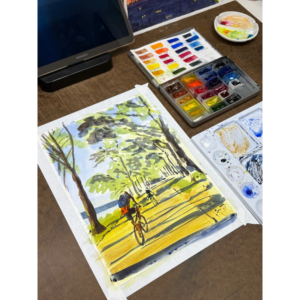 Vibrant Hudson River cyclist original painting in portable watercolor set