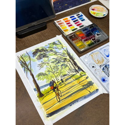 Vibrant Hudson River cyclist original painting in portable watercolor set