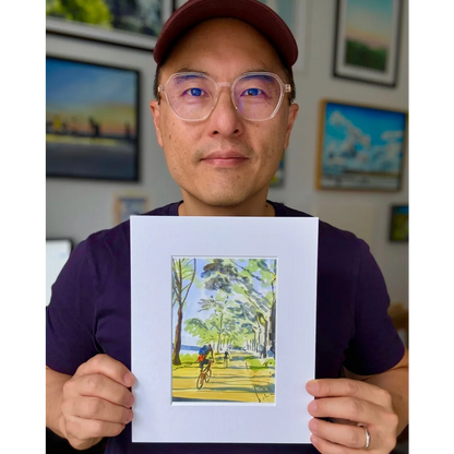 Hudson River original painting of maroon cap with white trim