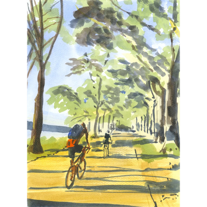 Orange and black bicycle with backpack in Hudson River original painting