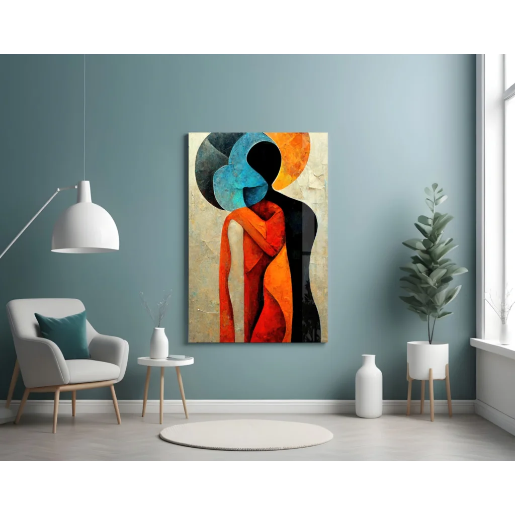 Bold geometric wall art canvas with orange, blue, black circles on beige