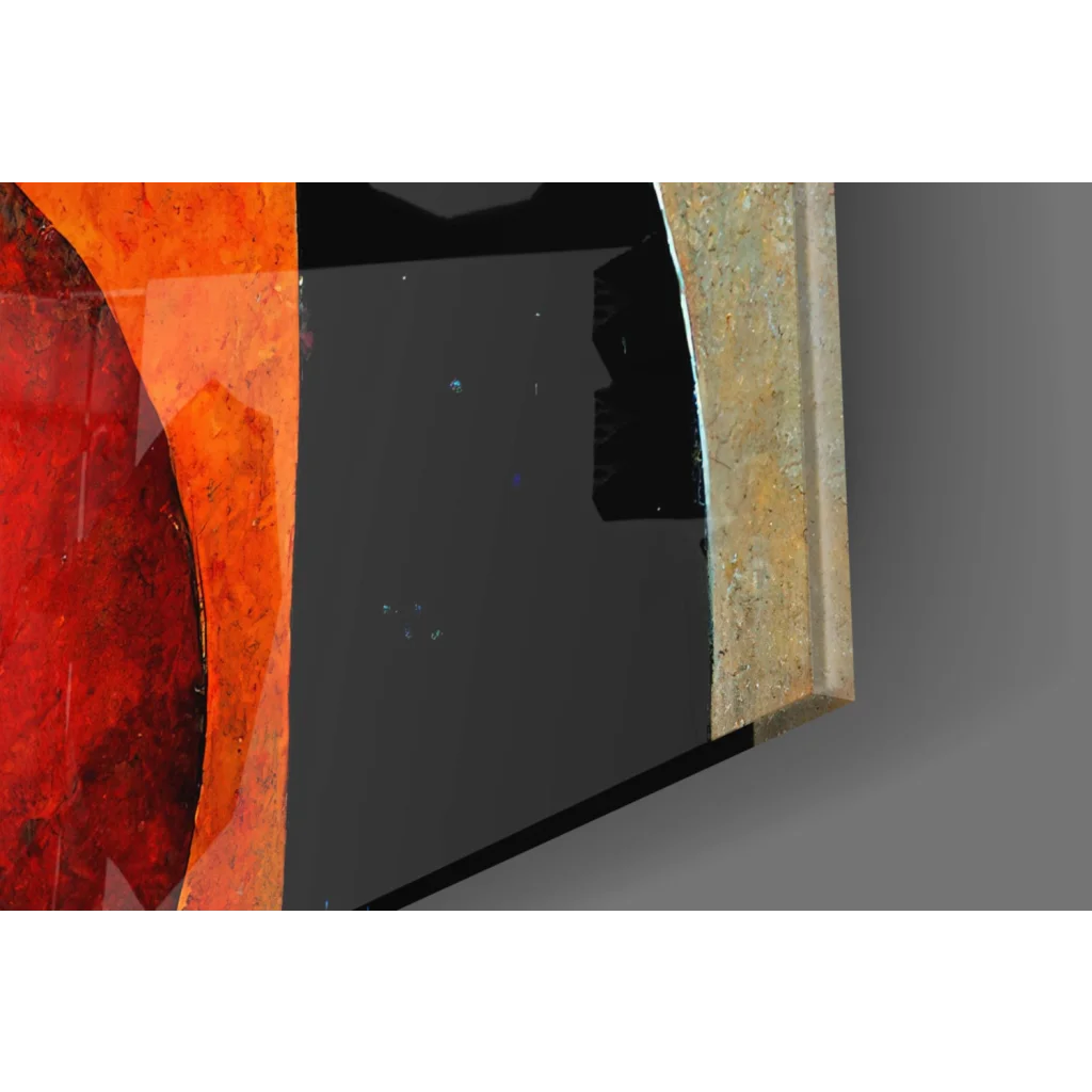 Vibrant orange red textured glass wall art with gray panel and gold border