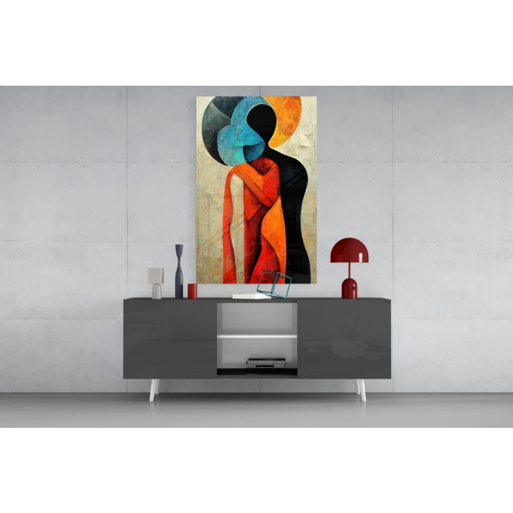 Vibrant bold geometric wall art canvas in orange, black, teal on beige