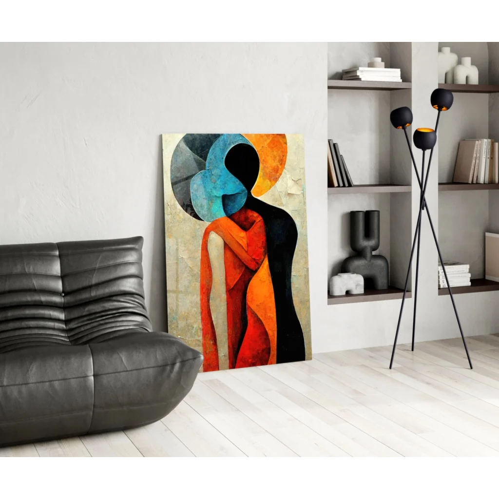 Bold geometric wall art canvas in orange, black, and blue on textured beige