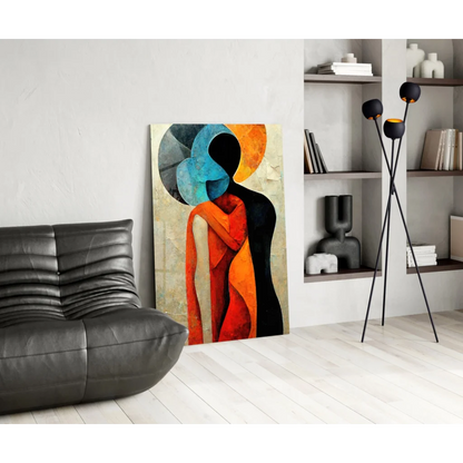 Bold geometric wall art canvas in orange, black, and blue on textured beige