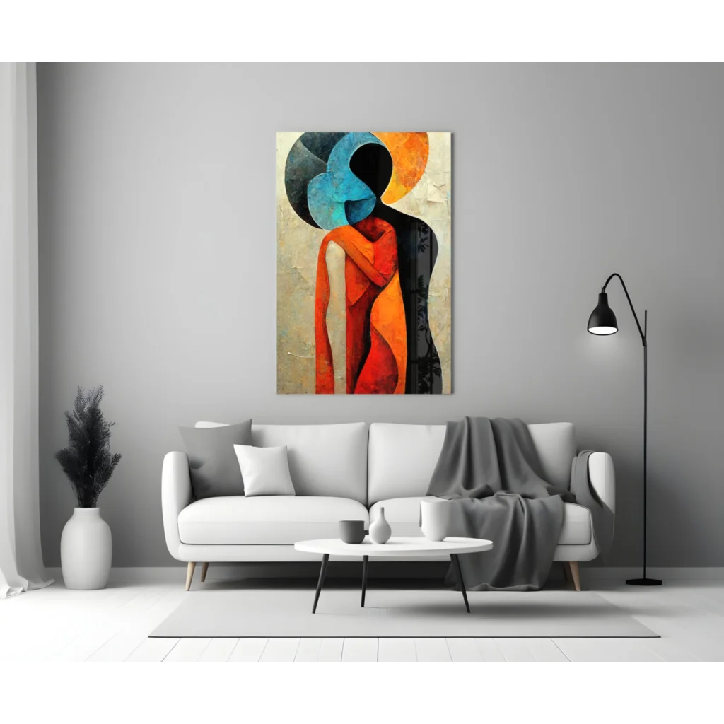 Bold geometric wall art canvas in orange, blue, black on beige