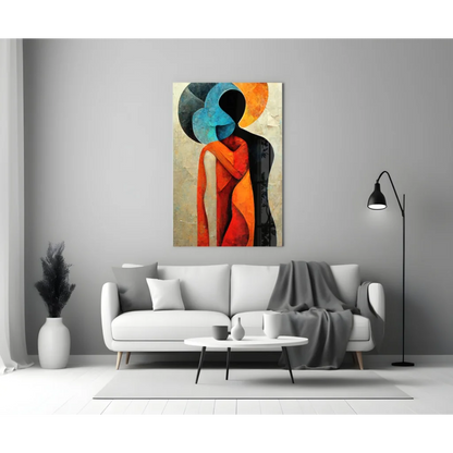 Bold geometric wall art canvas in orange, blue, black on beige