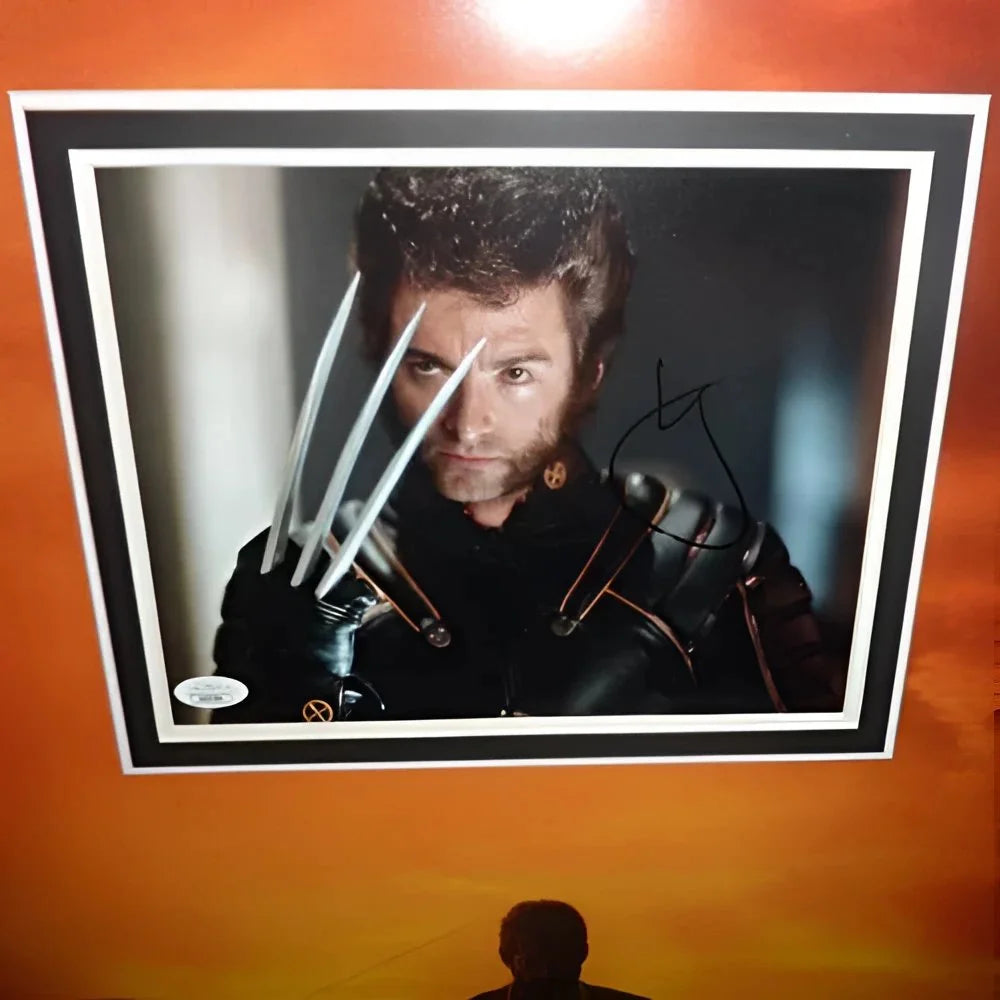 Hugh Jackman signed Logan Wolverine movie poster framed in black and white with extended claws