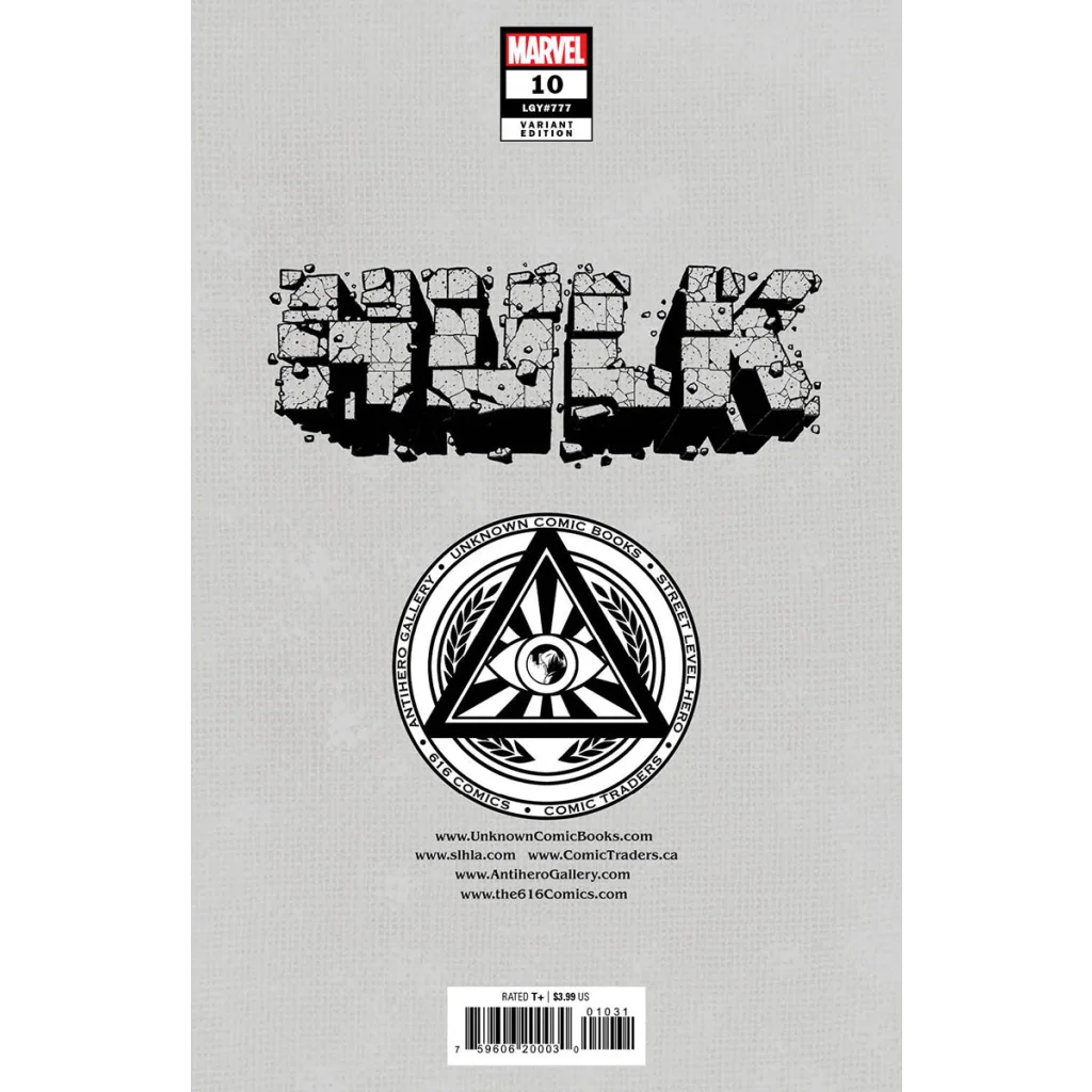 Comic book back cover showing Hulk logo and variant edition details for preorder