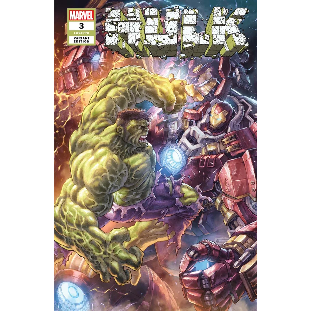 Comic book cover with Hulk fighting Hulkbuster by Donny Cates and Ryan Ottley, Alan Quah exclusive