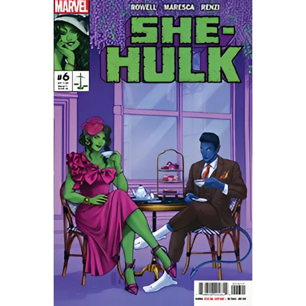 Green-skinned She-Hulk in pink dress beside suited man, SHE-HULK #6 comic