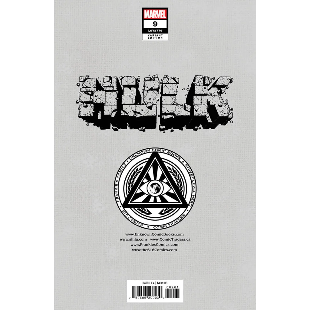 Comic book with cracked HULK title, eye symbol, and website URLs from HULK 9 arc