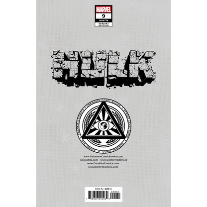 Comic book with gray cracked Hulk cover, eye triangle logo, and website links