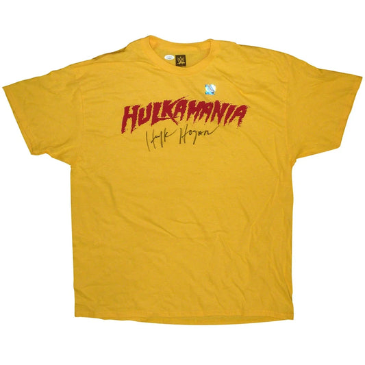 Yellow cotton hulkamania yellow t-shirt with hulk hogan private signing autograph and wwe logo tag at collar