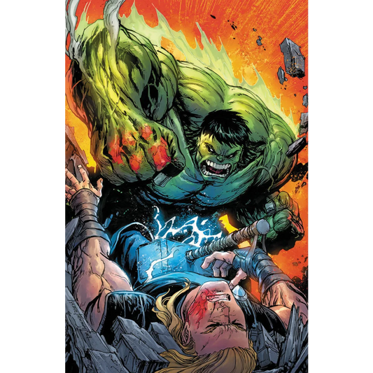 Comic book cover with Hulk about to strike Thor near his hammer in Hulk vs Thor Gray Cover Edition