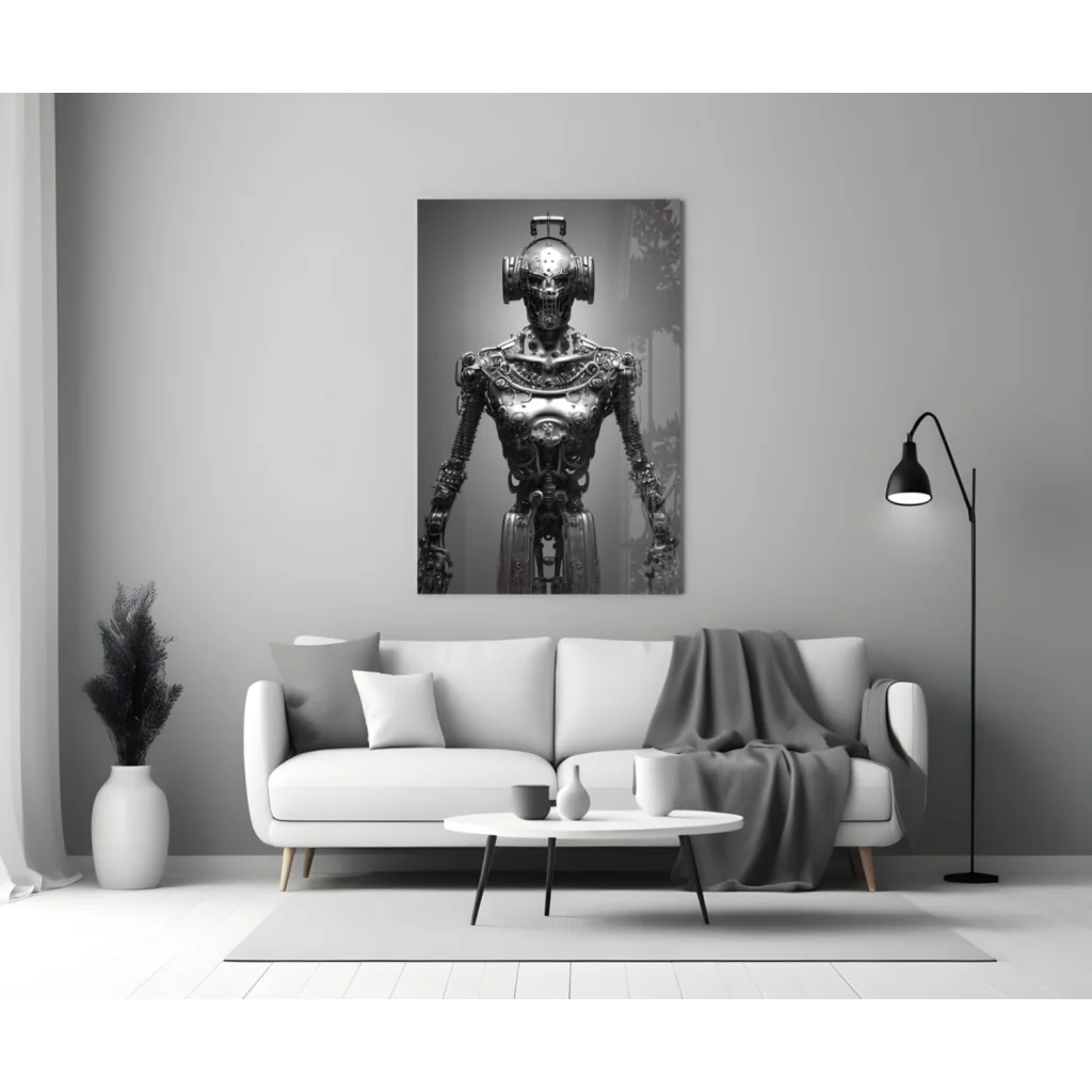 Steampunk Robot Glass Wall Art in Stunning Monochrome | Modern Wall Art Decor | vintageantiquesgifts.com