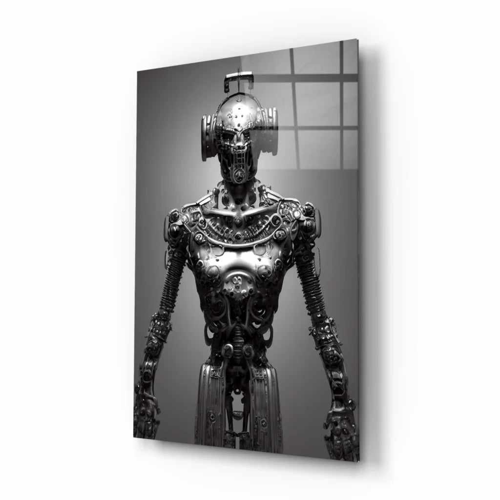 Steampunk Robot Glass Wall Art in Stunning Monochrome | Insigneart USA | vintageantiquesgifts.com