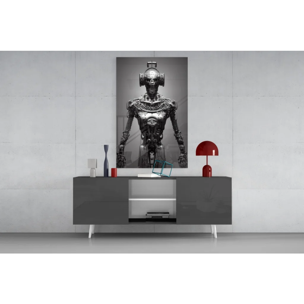 Monochrome steampunk robot glass wall art on canvas print