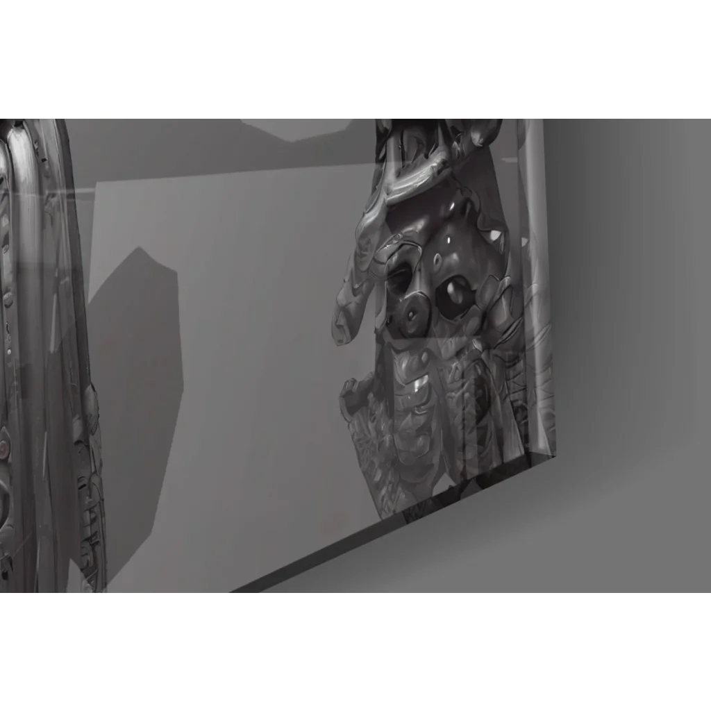 Steampunk robot metallic armored hand in monochrome glass wall art