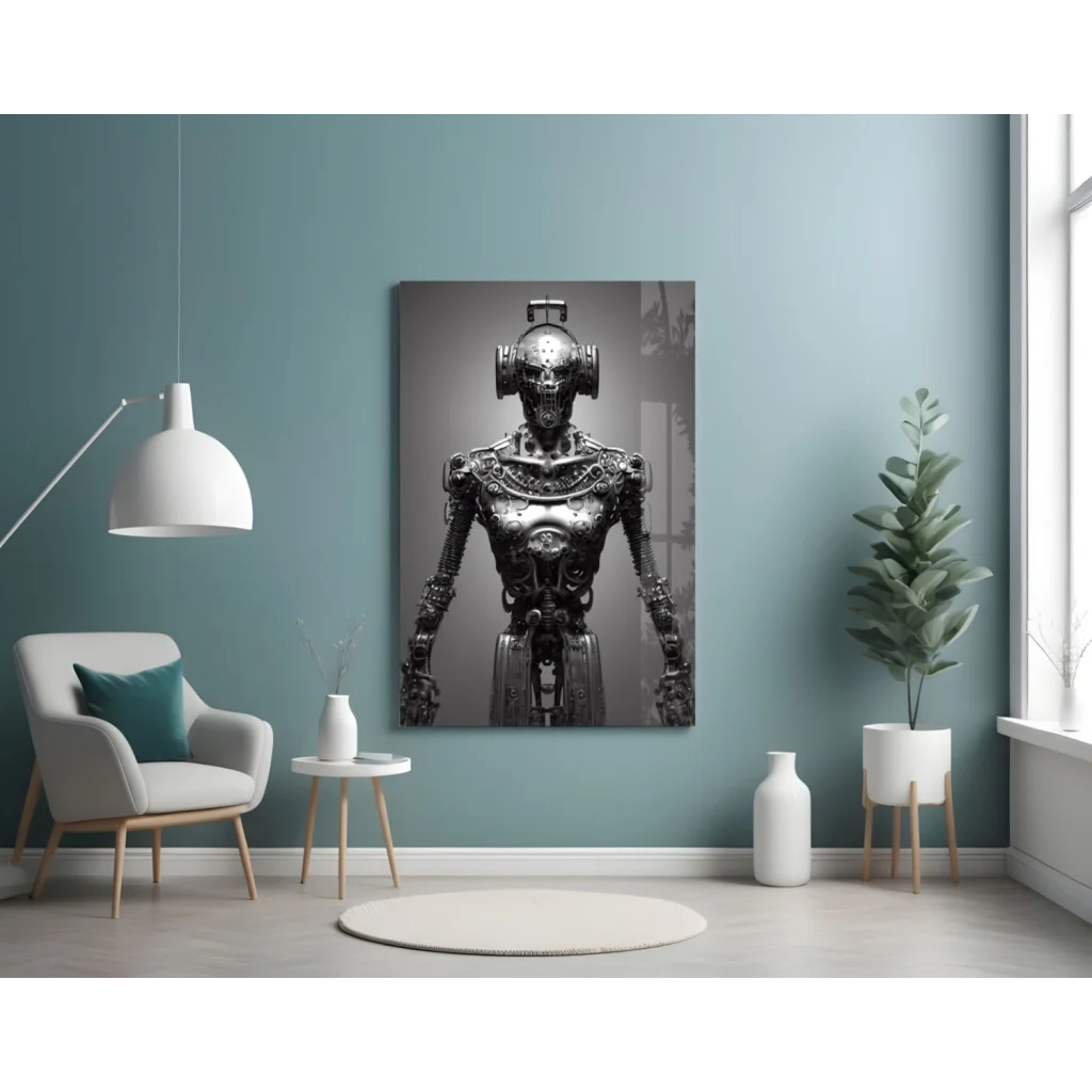 Steampunk Robot Glass Wall Art in Stunning Monochrome | Contemporary Home Wall Art | vintageantiquesgifts.com