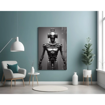 Steampunk Robot Glass Wall Art in Stunning Monochrome | Contemporary Home Wall Art | vintageantiquesgifts.com