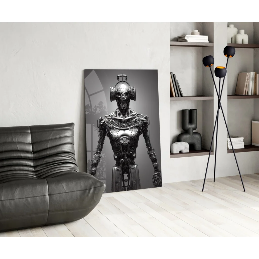 Monochrome steampunk robot glass wall art with metallic design