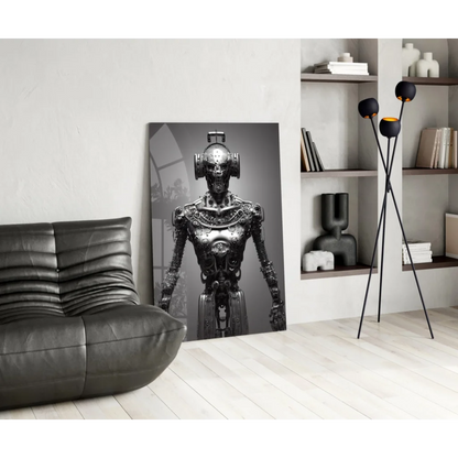 Monochrome steampunk robot glass wall art with metallic design