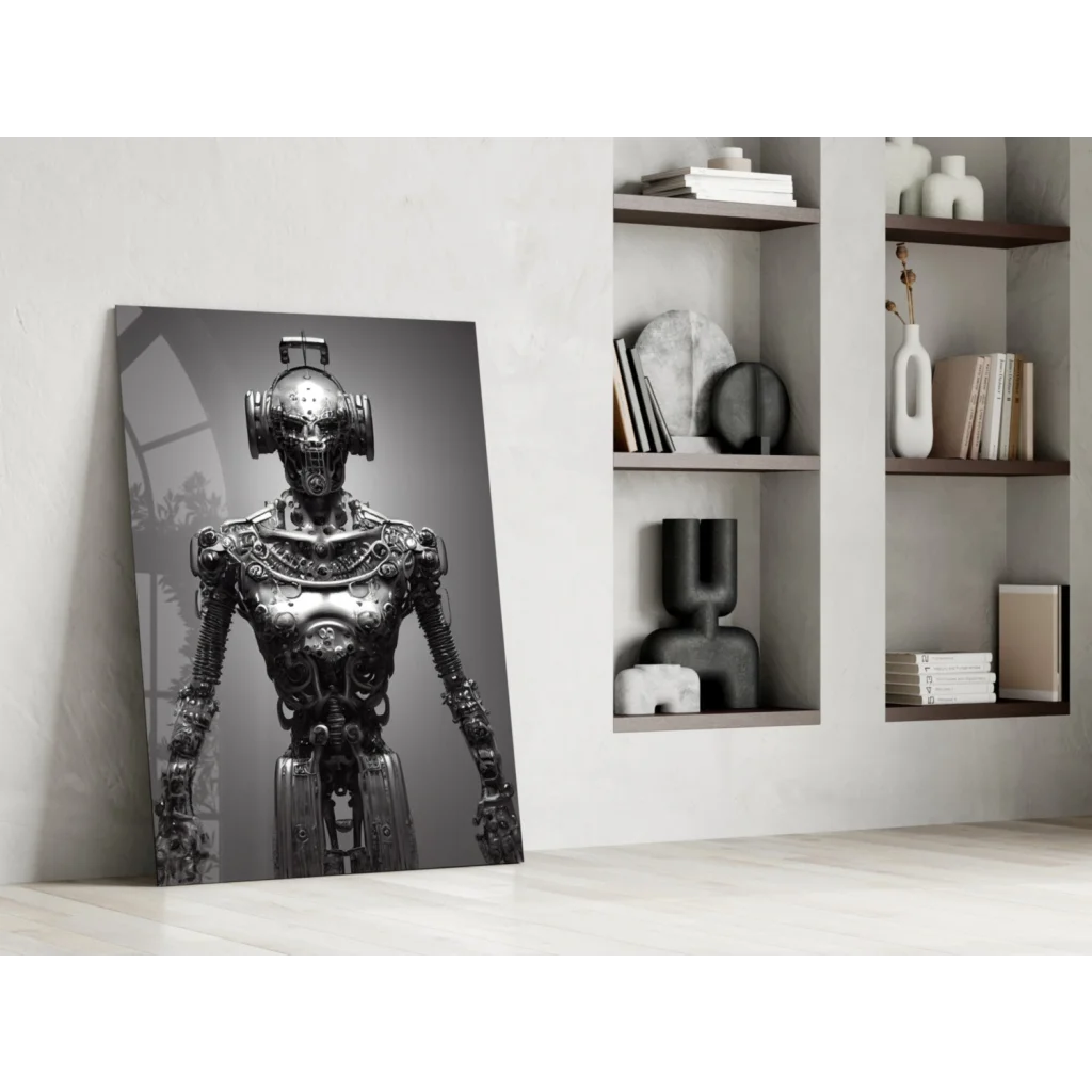 Steampunk robot monochrome glass wall art print