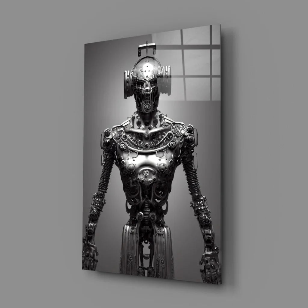 Steampunk Robot Glass Wall Art in Stunning Monochrome | Glass Wall Art Print | vintageantiquesgifts.com