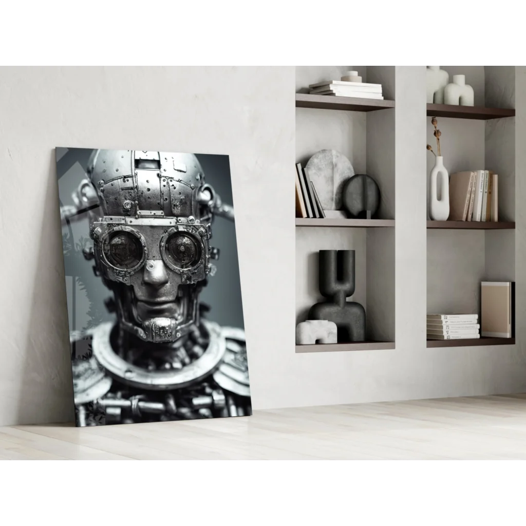 Steampunk robot head in black-and-white on glass wall art canvas print