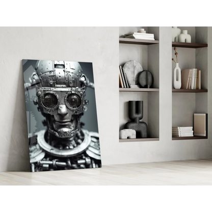 Steampunk robot head in black-and-white on glass wall art canvas print
