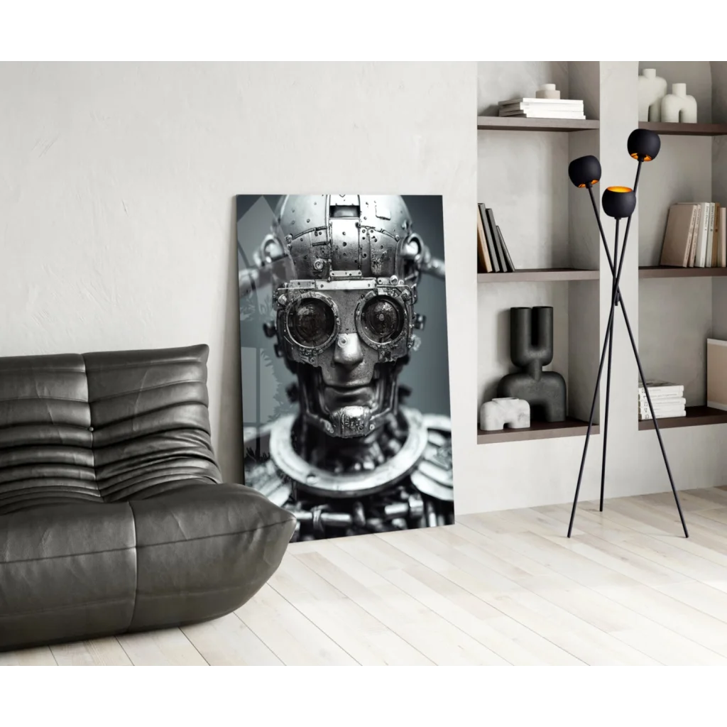 Steampunk robot head in black-and-white glass wall art canvas print