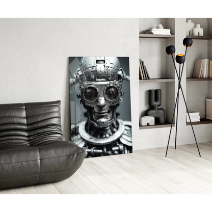 Steampunk robot head in black-and-white glass wall art canvas print