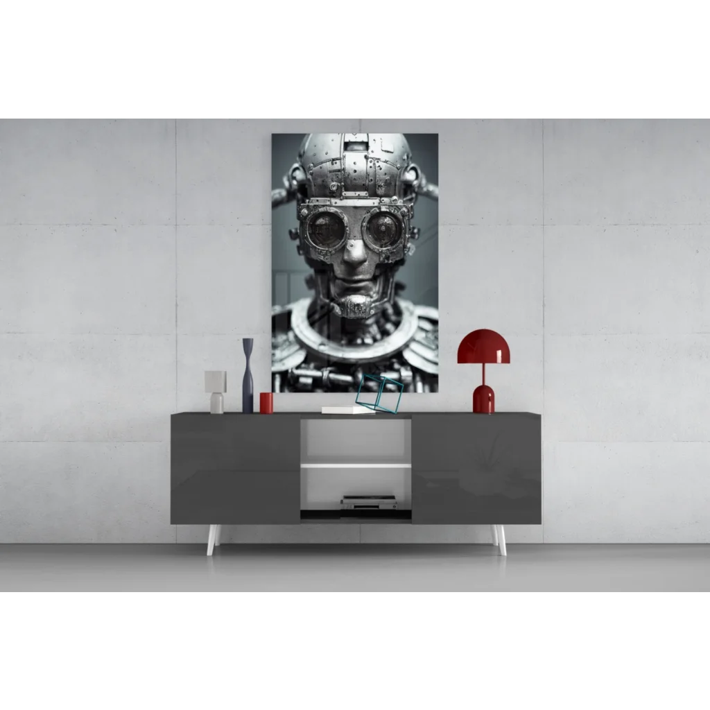 Steampunk robot head glass wall art canvas print