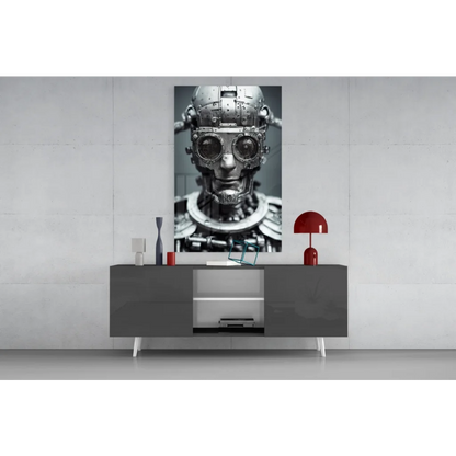 Steampunk robot head glass wall art canvas print