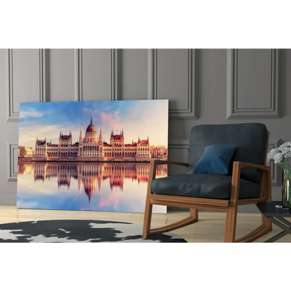 Hungarian Parliament glass wall art with ornate domes in water reflection