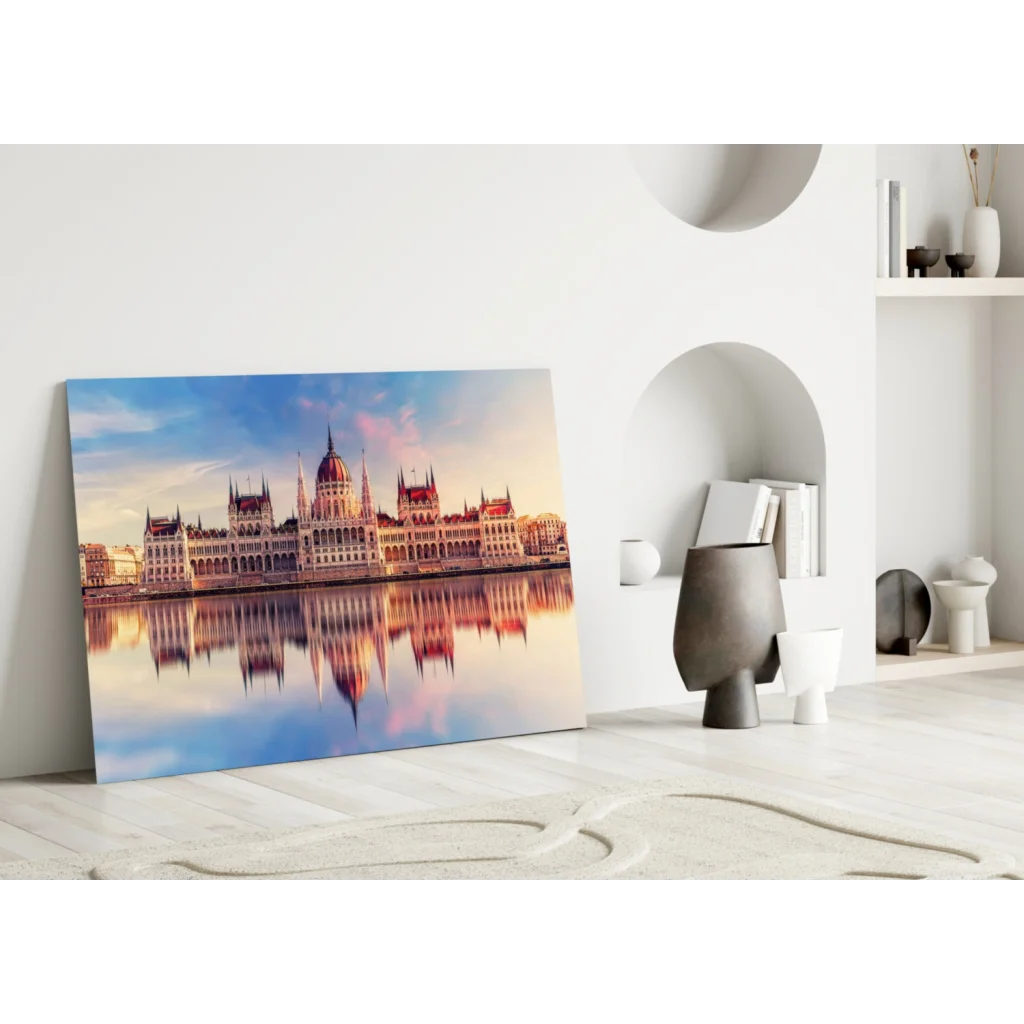 Hungarian Parliament glass wall art with domes in pink sky