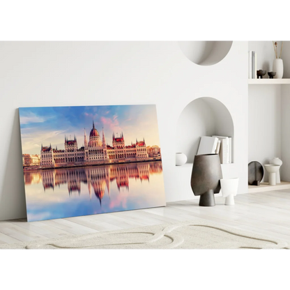 Hungarian Parliament glass wall art with domes in pink sky