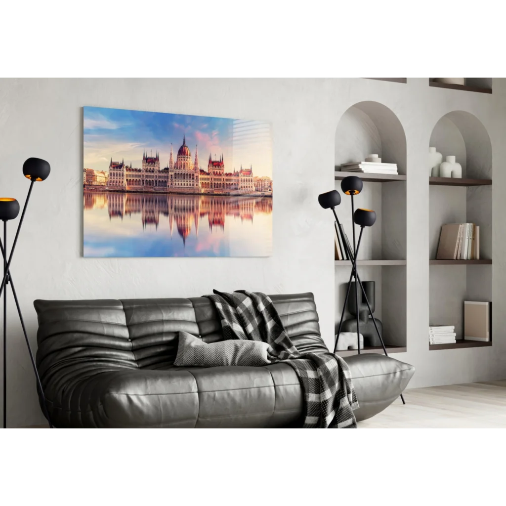 Hungarian Parliament glass wall art with sunset reflection