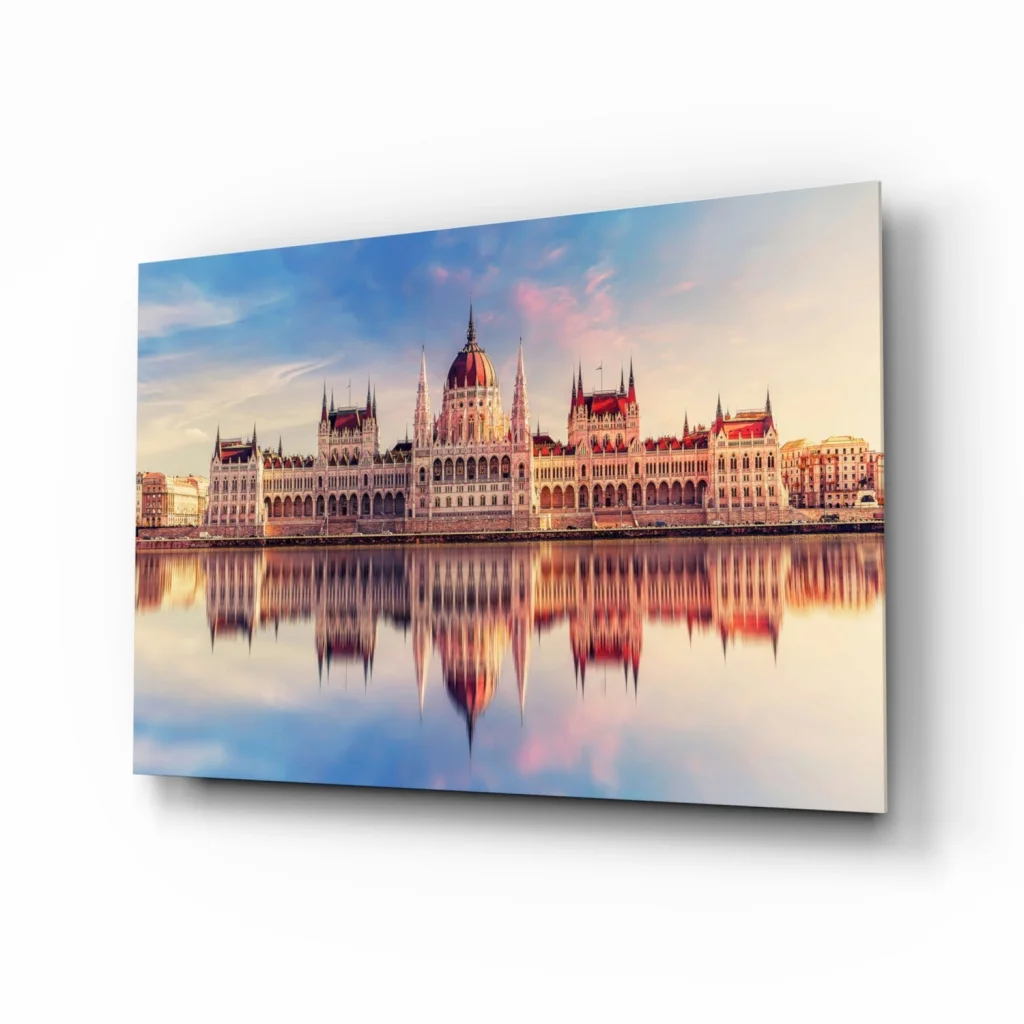Hungarian Parliament glass wall art with reflective red roof