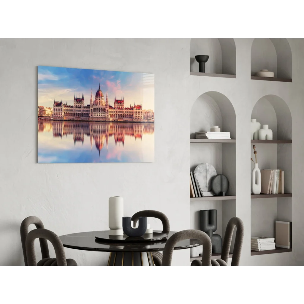 Vibrant sunset view of Hungarian Parliament on glass wall art print
