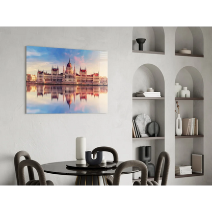 Vibrant sunset view of Hungarian Parliament on glass wall art print