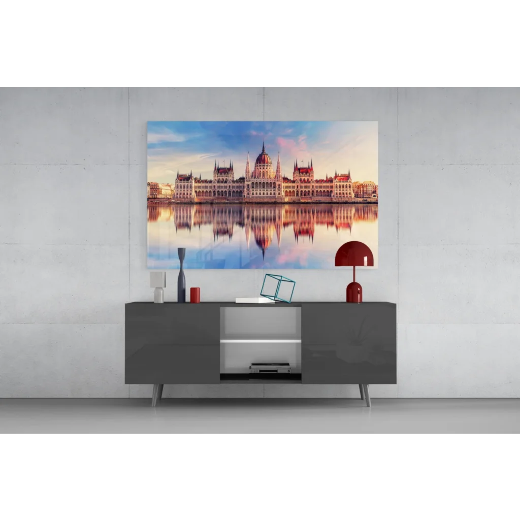 Hungarian Parliament glass wall art with sunset reflection