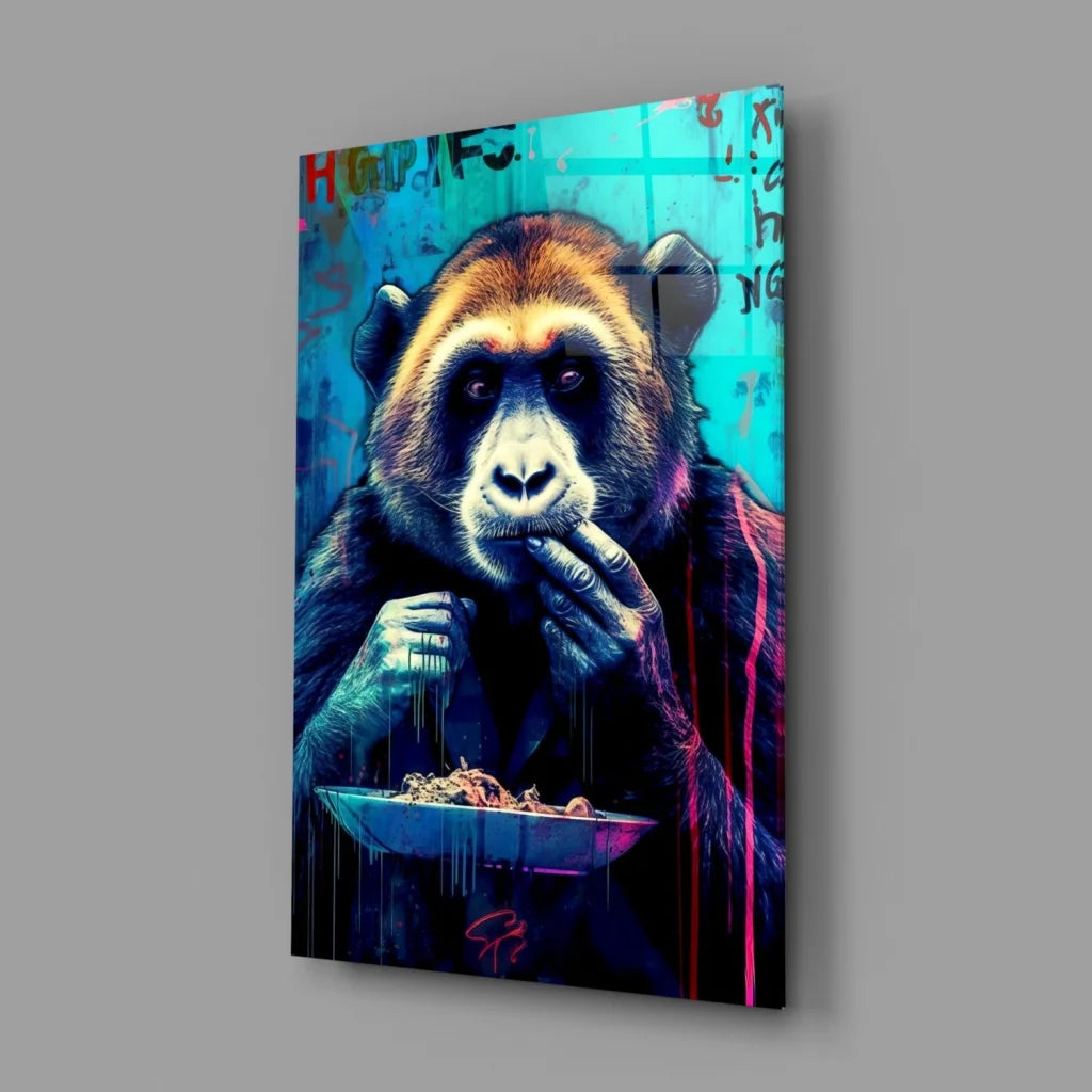 Vibrant graffiti monkey glass wall art canvas print in rich browns on teal