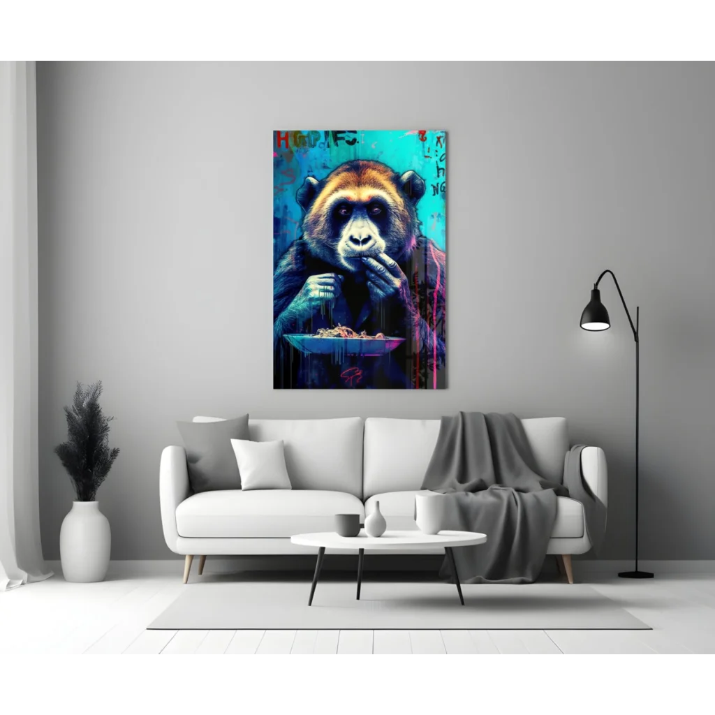 Vibrant graffiti monkey glass wall art canvas print with orange fur and teal backdrop
