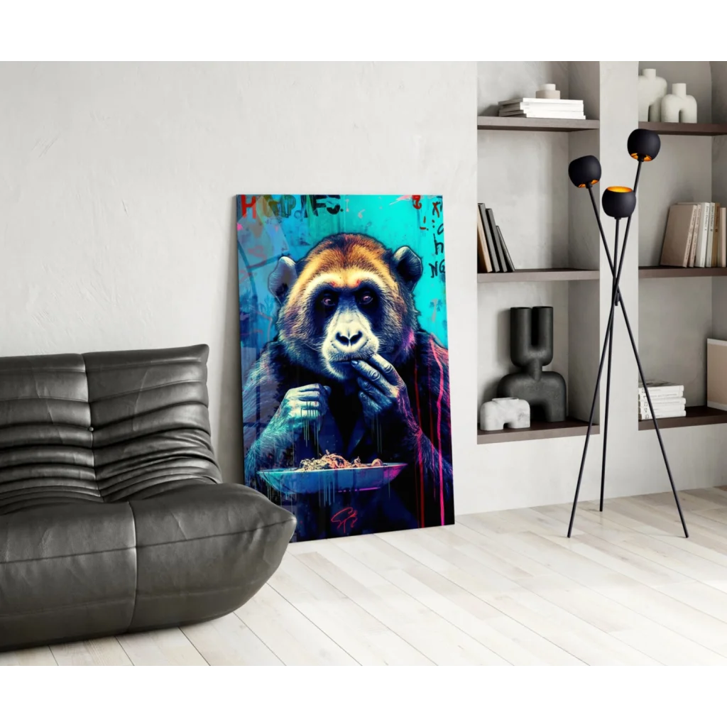 Vibrant graffiti monkey on glass wall art canvas print